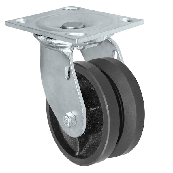 5"x2" V-Groove Wheel, Swivel Caster, Plate Size: 4-1/2"x6-1/4" ,
